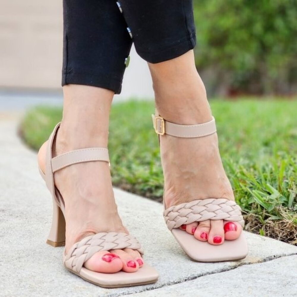 Elegant Nude Square Open Toe Sandals Women’s Braided Ankle Strap - Picture 3 of 5